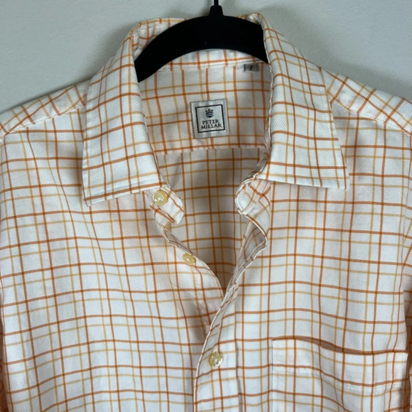 Peter Millar Men’s 15R Plaid Button Up Shirt Orange White Cotton Checkered Small - Picture 3 of 11
